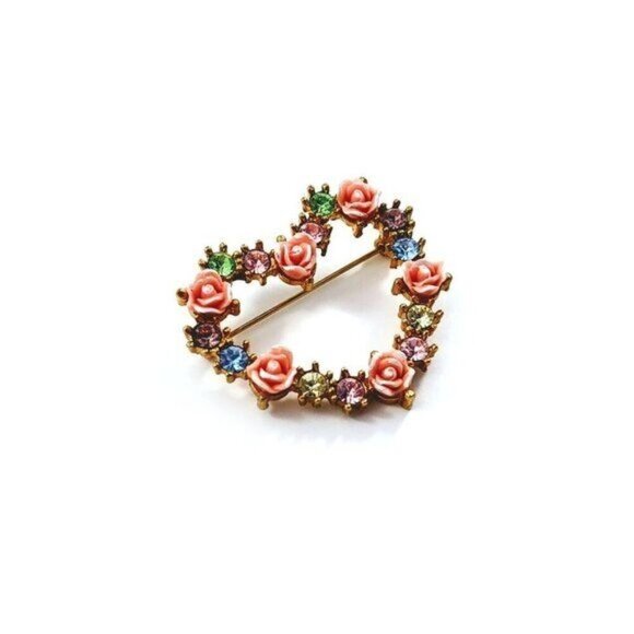 Vintage Avon 2002 Roses Heart Pastel Rhinestone Brooch Pin - Picture 1 of 7